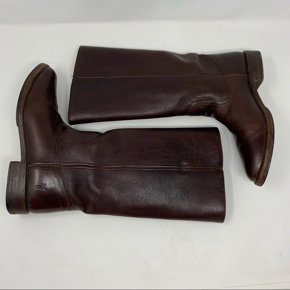 Frye 7.5 Tall Brown Leather Boots Low Heel Classic - Picture 9 of 11